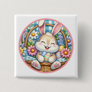 Badge Carré 5 Cm Joyeuses Pâques avec un lapin mignon, des œufs et 