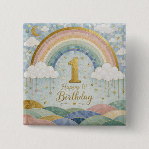Badge Carré 5 Cm Joyeux 1er Anniversaire Mosaic Rainbow Cloud Desig
