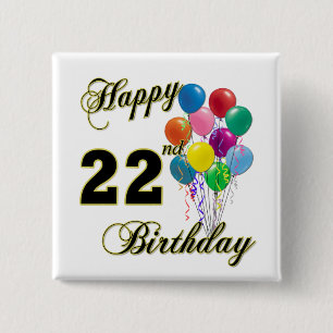 Badge Carré 5 Cm Joyeux 22ème anniversaire avec des ballons