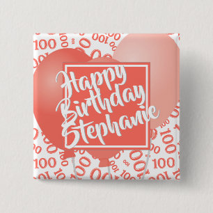 Badge Carré 5 Cm Joyeux Anniversaire 100ème motif numérique Corail/
