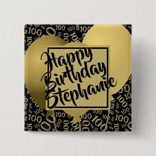 Badge Carré 5 Cm Joyeux Anniversaire 100ème Motif Numérique Noir/Or
