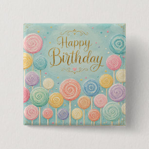 Badge Carré 5 Cm Joyeux Anniversaire Aquarelle Fantaisiste Sucettes