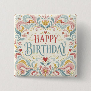 Badge Carré 5 Cm Joyeux Anniversaire Art Populaire Scandinave Tourb
