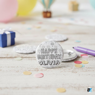 Badge Carré 5 Cm Joyeux Anniversaire Ballon à Air Chaud Nom Personn