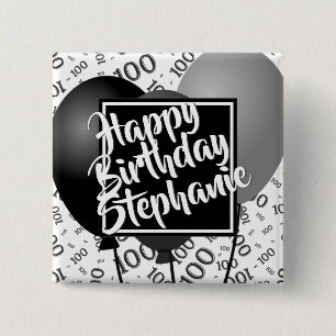 Badge Carré 5 Cm Joyeux Anniversaire Motif de Nombre 100 Noir/Blanc