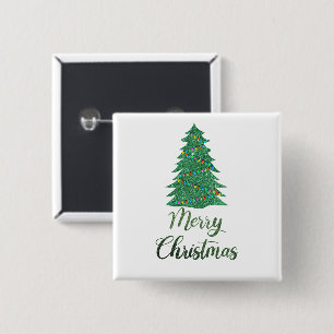 Badge Carré 5 Cm Joyeux arbre de Noël - parties scintillant verte