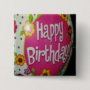 Badge Carré 5 Cm Joyeux Balloon d'Anniversaire avec Fleurs, Concept