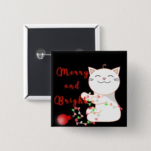 Badge Carré 5 Cm Joyeux Chat Jouer Avec Lumière LED | Noël mignon (Devant & derrière)