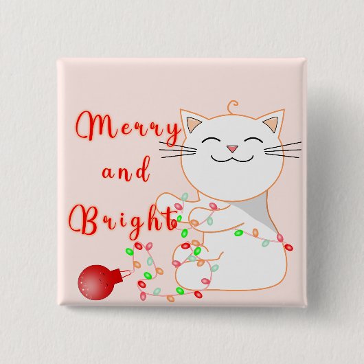 Badge Carré 5 Cm Joyeux Chat Jouer Avec Lumière LED | Noël mignon (Devant)