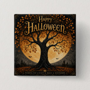 Badge Carré 5 Cm Joyeux Halloween Arbre Squelettique Pleine Lune Go