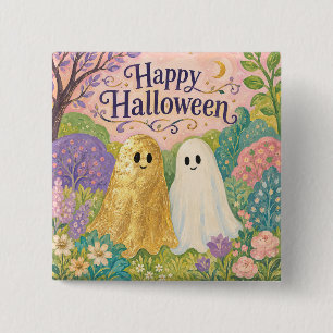Badge Carré 5 Cm Joyeux Halloween Joli Fantôme Fleur Jardin