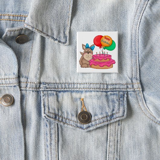 Badge Carré 5 Cm Joyeux Marionnette mignonne avec ballons et gâteau