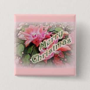 Badge Carré 5 Cm Joyeux Noël Cactus Fleurs