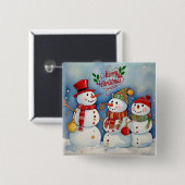 Badge Carré 5 Cm Joyeux Noël, Fête des Snowmen (Devant & derrière)