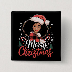 Badge Carré 5 Cm Joyeux Noël Fille Africaine Noire Chapeau de Père 