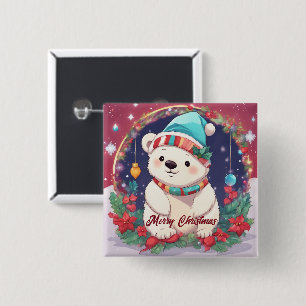 Badge Carré 5 Cm Joyeux Noël Ours polaire blanc