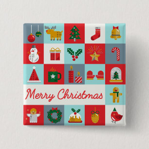 Badge Carré 5 Cm Joyeux Noël Patchwork d'icônes rétro pour les fête