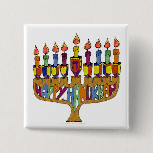 Badge Carré 5 Cm Judaica Joyeux Hanukkah Toupie Menorah