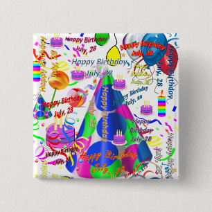Badge Carré 5 Cm Juillet, 28 Anniversaire Carré Bouton