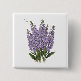 Badge Carré 5 Cm Juillet Larkspur Bloom - Cadeau d'anniversaire per