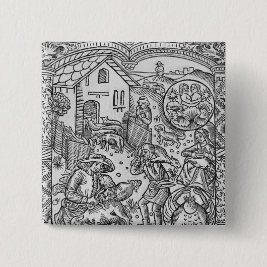 Badge Carré 5 Cm Juin, tonte des moutons, Gémeaux (Devant)