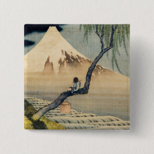 Badge Carré 5 Cm Katsushika Hokusai - Garçon regardant le Mont Fuji