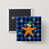 Badge Carré 5 Cm Kawaii Xmas Starfish sur Blue Buffalo Motif (Devant & derrière)