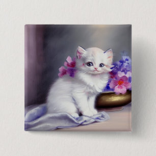 Badge Carré 5 Cm Kitten blanc vintage aux fleurs roses et violettes