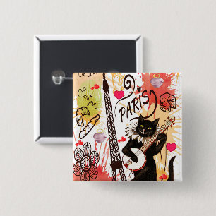 Badge Carré 5 Cm Kitten Cat Paris France, Bouton Carré