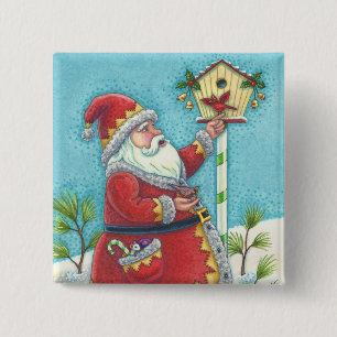 BADGE CARRÉ 5 CM KRIS KRINGLE REDBIRDS, BOUTON D'OISEAU DE NOËL