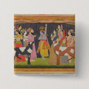 Badge Carré 5 Cm Krishna levant le mont Govardhana, de la 'Bhagav