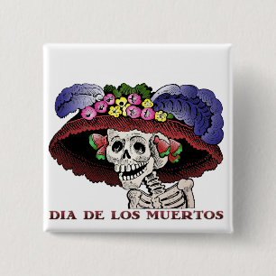 Badge Carré 5 Cm La Calavera Catrina en couleur