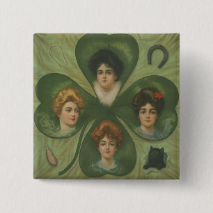 Badge Carré 5 Cm La Saint-Patrick Art Vintage Dame Chance Trèfle