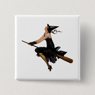 Badge Carré 5 Cm La sorcière s'envole sur un Broomstick