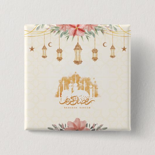 Badge Carré 5 Cm Lanternes d'aquarelle florale Ramadan Kareem (Devant)