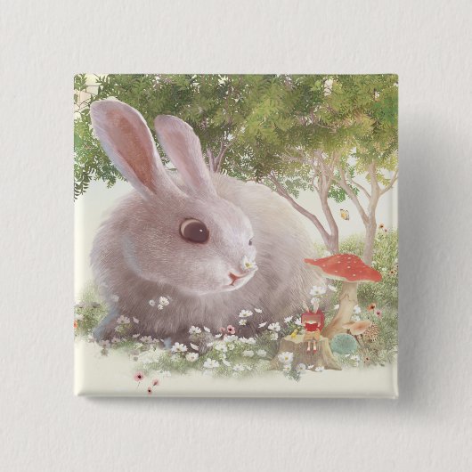 Badge Carré 5 Cm Lapin avec Fleurs (Devant)