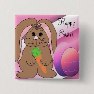 Badge Carré 5 Cm Lapin De Pâques Avec Oeufs