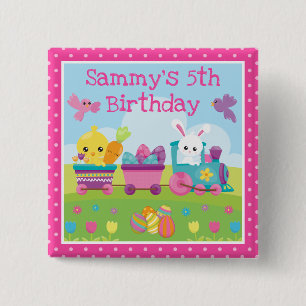 Badge Carré 5 Cm Lapin Mignon, Poussin & Œufs en Chocolat Train Ann