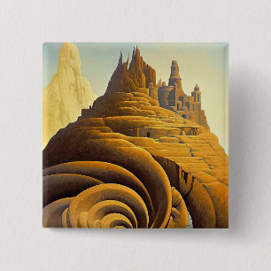 Badge Carré 5 Cm L'art Imaginaire de Surreal Mountain City