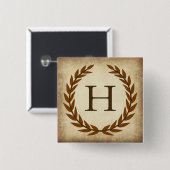 Badge Carré 5 Cm Laurel Wreath Agée Papyrus Monogramme Initiale H (Devant & derrière)