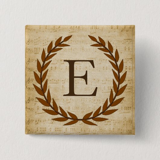 Badge Carré 5 Cm Laurel Wreath Sheet Musique Monogramme initial E (Devant)