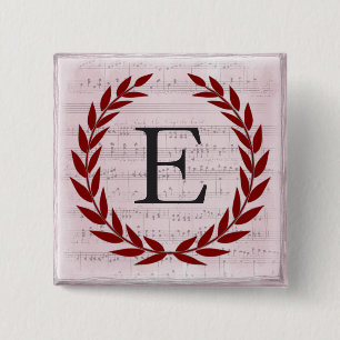 Badge Carré 5 Cm Laurel Wreath Sheet Musique Monogramme initial E