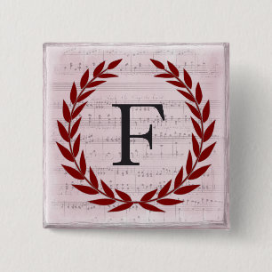 Badge Carré 5 Cm Laurel Wreath Sheet Musique Monogramme initial F