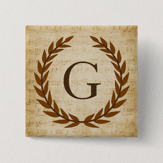 Badge Carré 5 Cm Laurel Wreath Sheet Musique Monogramme initial G (Devant)