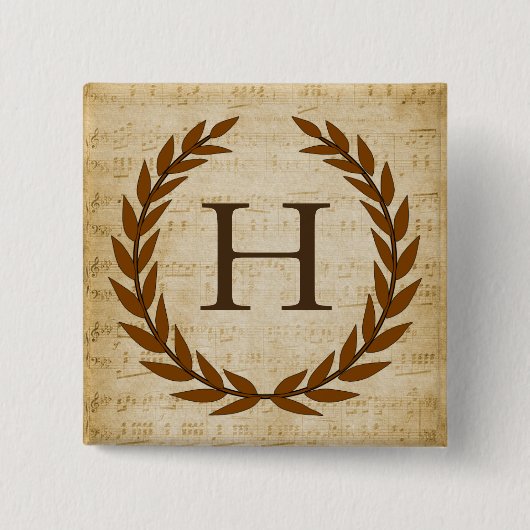 Badge Carré 5 Cm Laurel Wreath Sheet Musique Monogramme initial H (Devant)