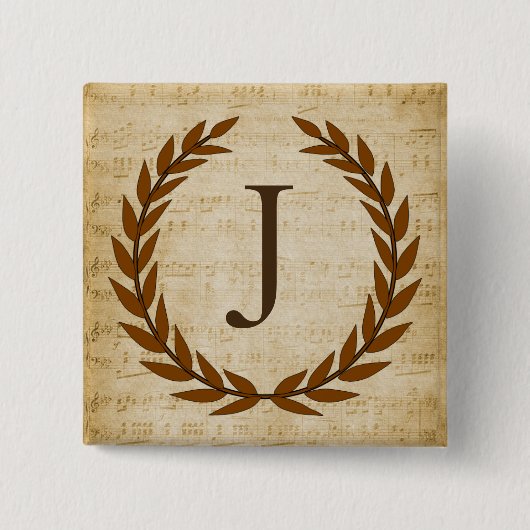 Badge Carré 5 Cm Laurel Wreath Sheet Musique Monogramme initial J (Devant)