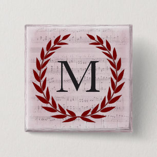 Badge Carré 5 Cm Laurel Wreath Sheet Musique Monogramme initial M