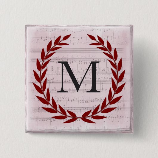 Badge Carré 5 Cm Laurel Wreath Sheet Musique Monogramme initial M (Devant)