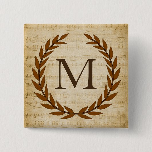 Badge Carré 5 Cm Laurel Wreath Sheet Musique Monogramme initial M (Devant)