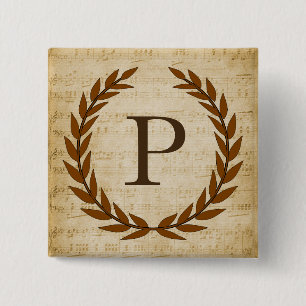 Badge Carré 5 Cm Laurel Wreath Sheet Musique Monogramme initial P